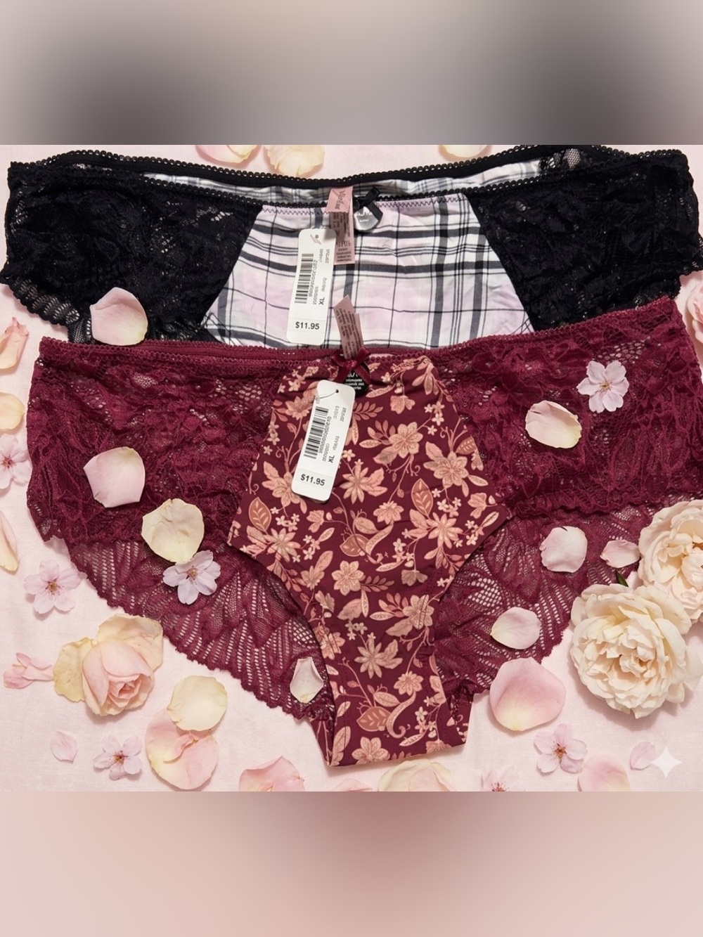 Women's Lace Bikini Panties - Burgundy Floral and Stripes